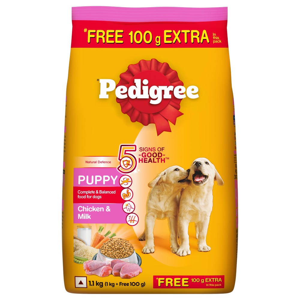 Pedigree Puppy Dry Dog Food, Chicken & Milk, 1.1 kg Pack (1kg + Free 100g )
