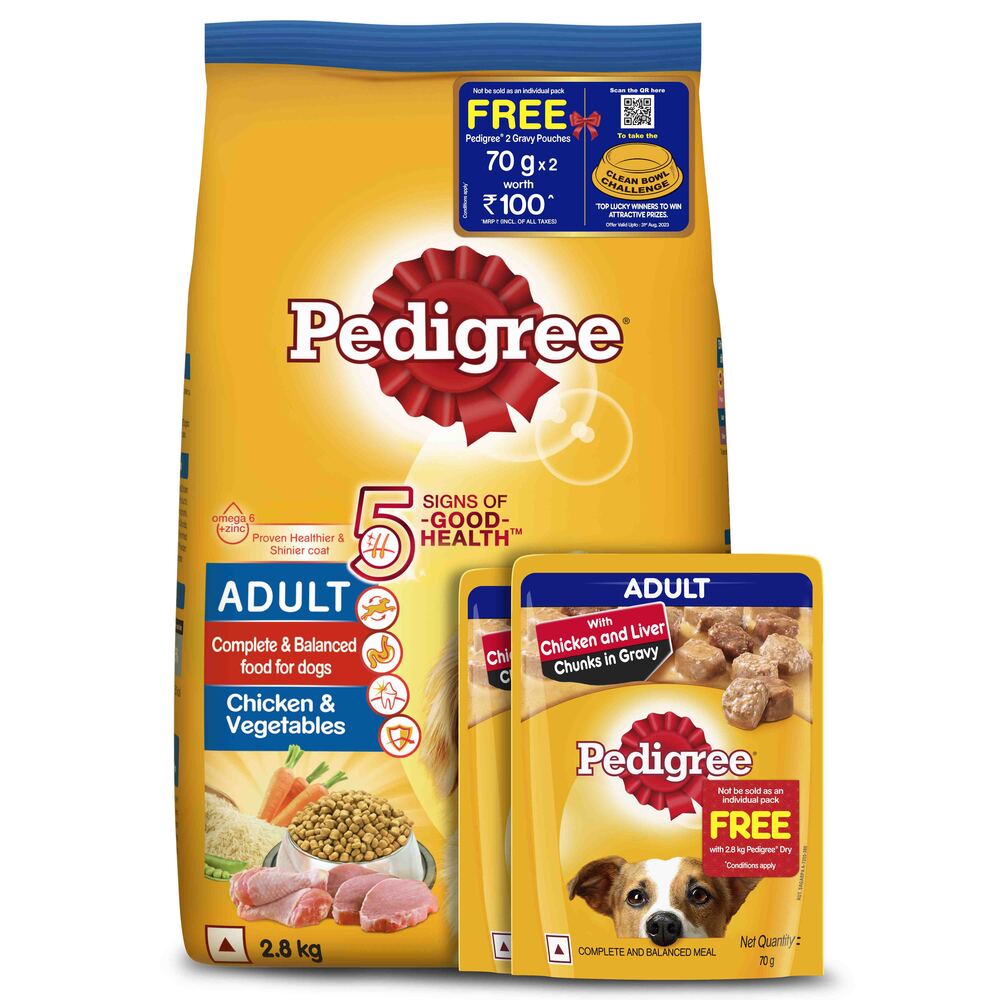 PEDIGREE® Adult Dry Dog Food Chicken & Vegetables,2.8 Kg+Promo offer 2 packs of PEDIGREE® Adult Wet Dog Food, Chicken & Liver Chunks in Gravy